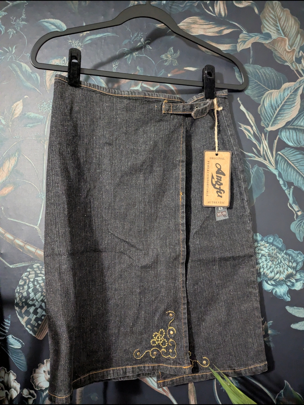 Y2K Deadstock Angfu Denim Wrap Skirt with Buckle and Embroidery Size Large